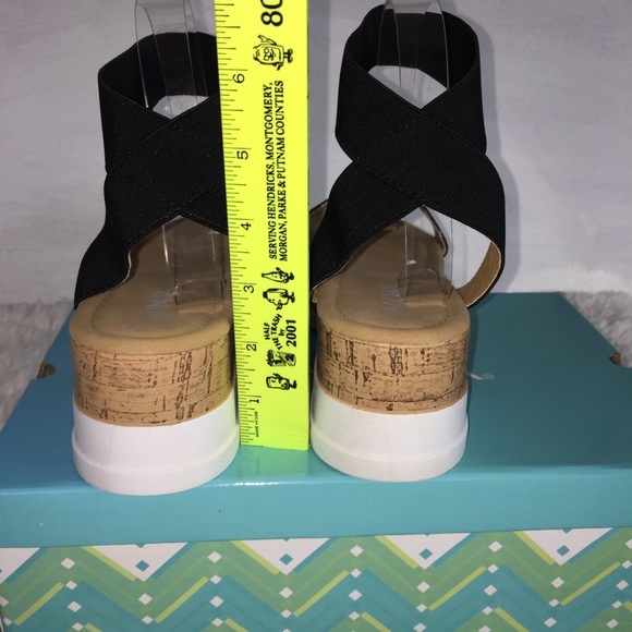NIB Black Wedge Platform Sandals Stacked Cork Look Elastic Anna - Picture 12 of 14